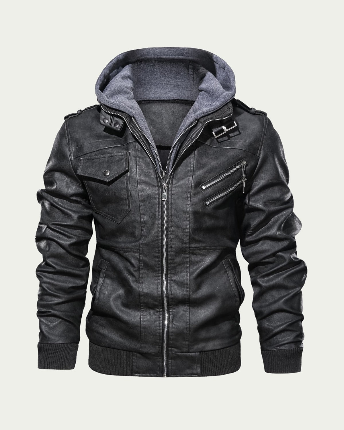 Men's Faux Leather Hooded Jacket - Zip Through Biker Style - Black