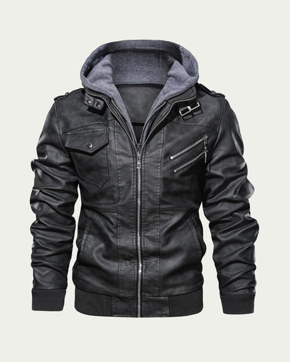 Men's Faux Leather Hooded Jacket - Zip Through Biker Style - Black
