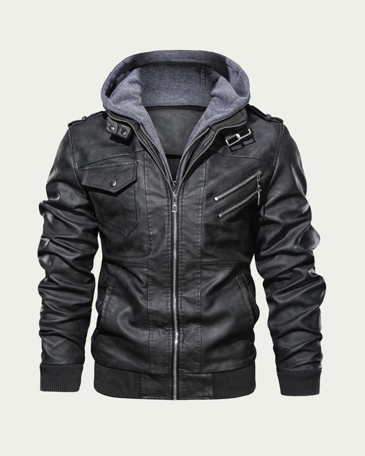 Men's Faux Leather Hooded Jacket - Zip Through Biker Style - Black