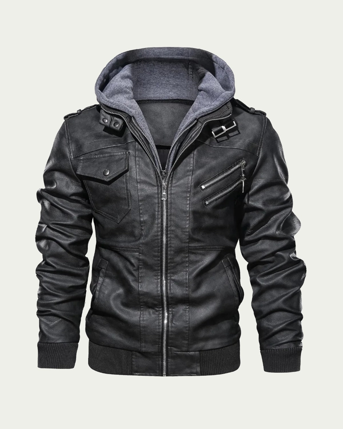 Men's Faux Leather Hooded Jacket - Zip Through Biker Style - Black
