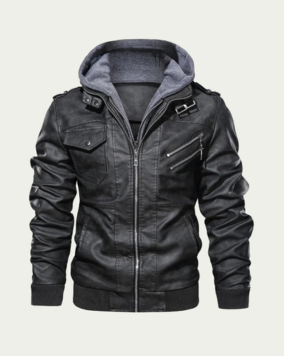 Men's Faux Leather Hooded Jacket - Zip Through Biker Style - Black