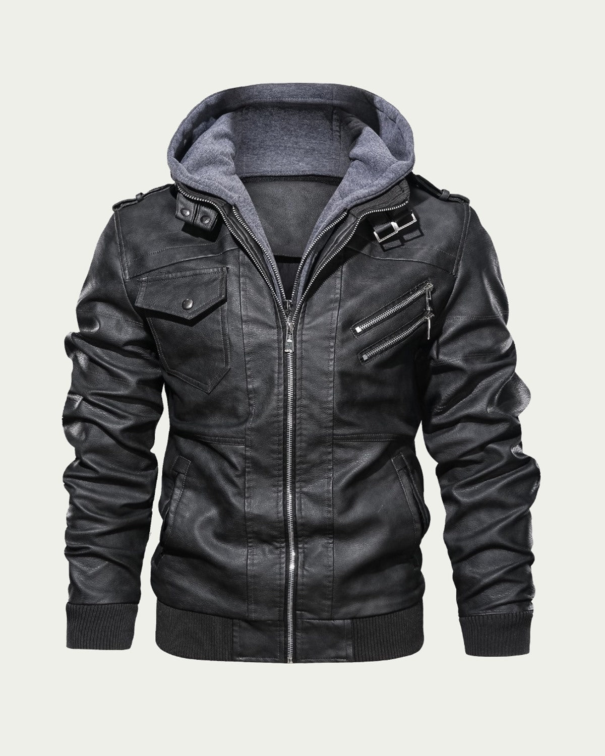 Men's Faux Leather Hooded Jacket - Zip Through Biker Style - Charcoal