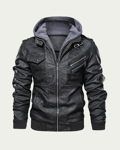 Men's Faux Leather Hooded Jacket - Zip Through Biker Style - Charcoal