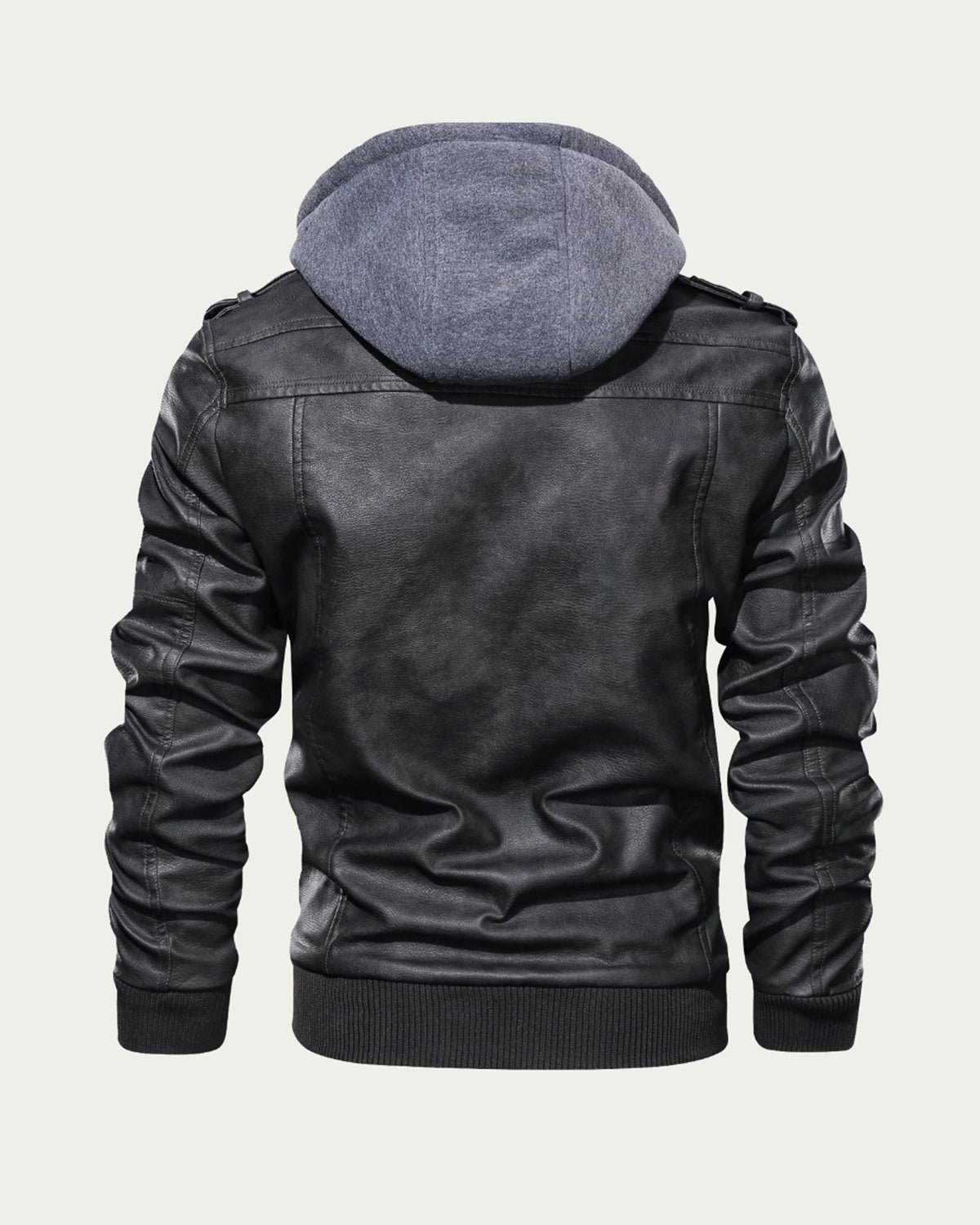 Men's Faux Leather Hooded Jacket - Zip Through Biker Style - Charcoal