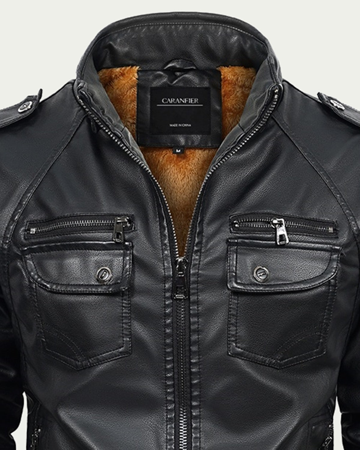 Men's Faux Leather Jacket with Faux Fur Lining - Stand Collar - Black