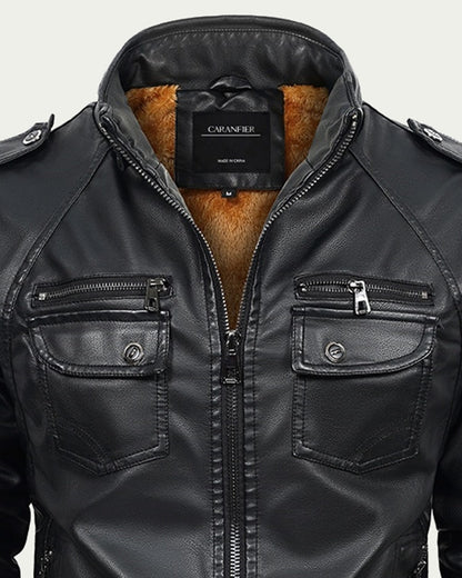 Men's Faux Leather Jacket with Faux Fur Lining - Stand Collar - Black