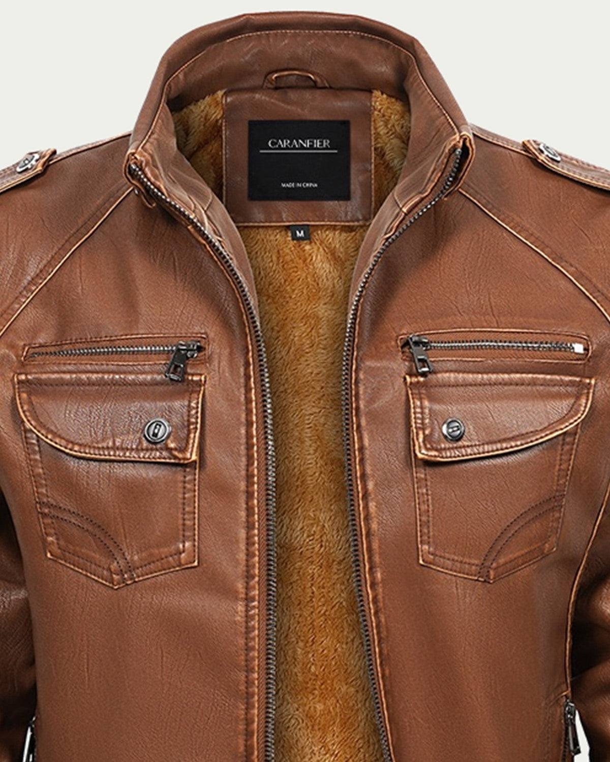 Men's Faux Leather Jacket with Faux Fur Lining - Stand Collar - Brown