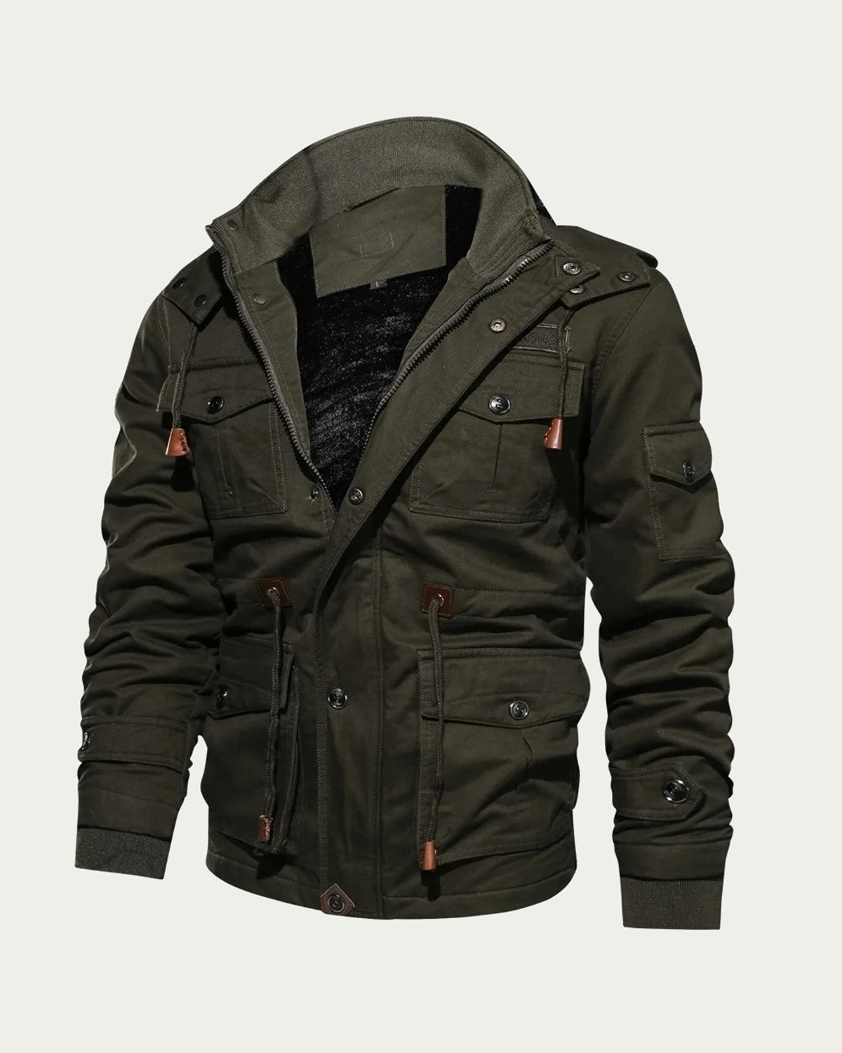 Men's Hooded Utility Jacket - Lined, Multi-Pocket - Army Green
