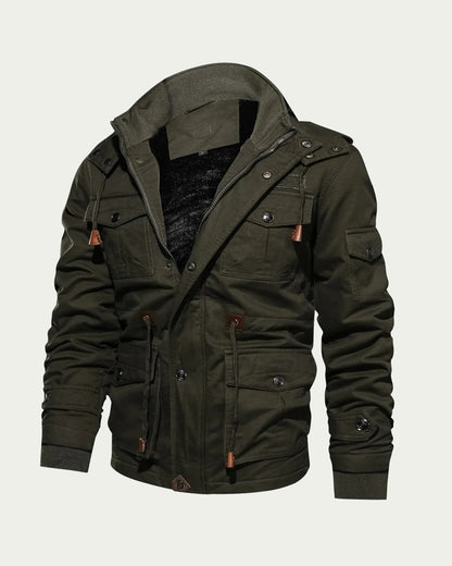 Men's Hooded Utility Jacket - Lined, Multi-Pocket - Army Green