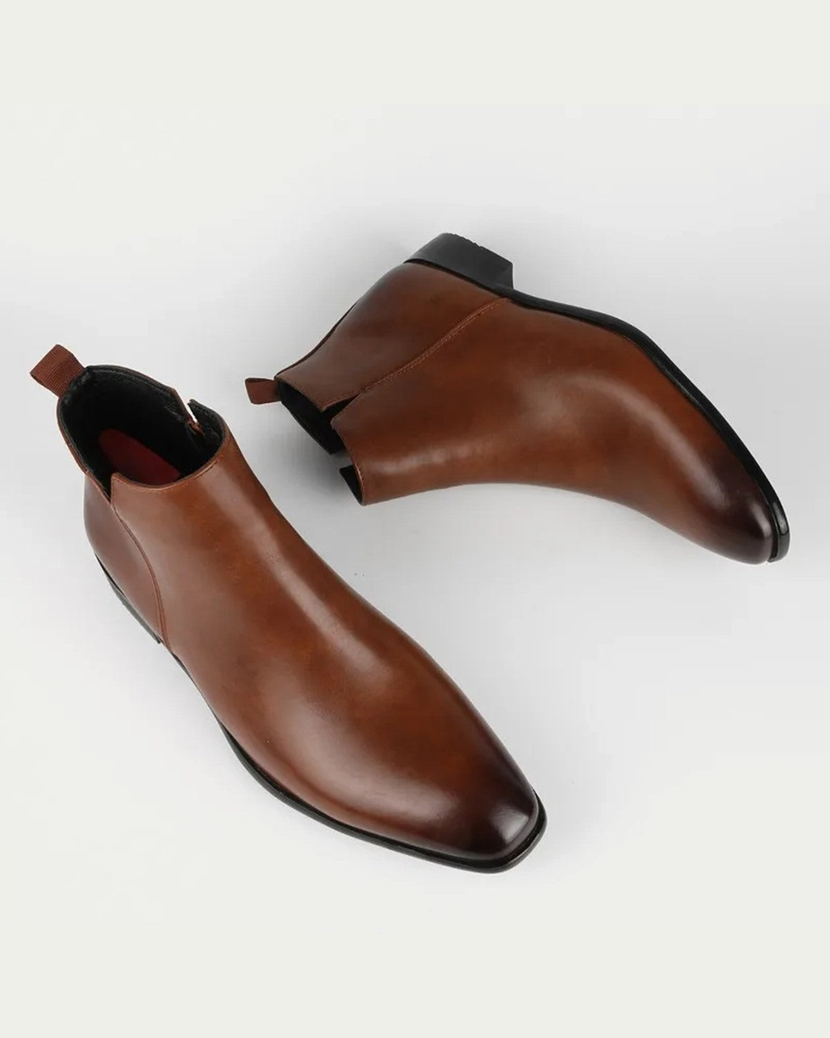 Men's Leather Chelsea Boots - Pointed Toe, Side Zip - Brown
