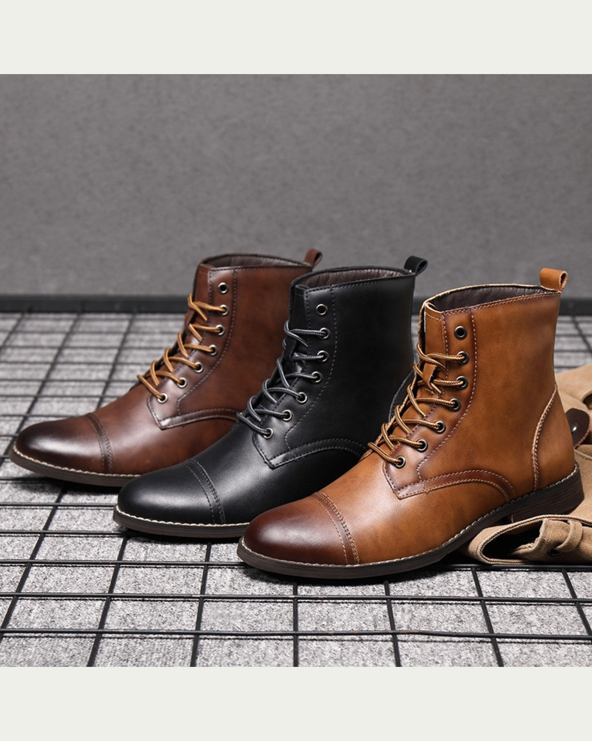 Men's Warm Lined Lace-Up Boots - Cap Toe - Black