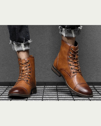 Men's Warm Lined Lace-Up Boots - Cap Toe - Camel