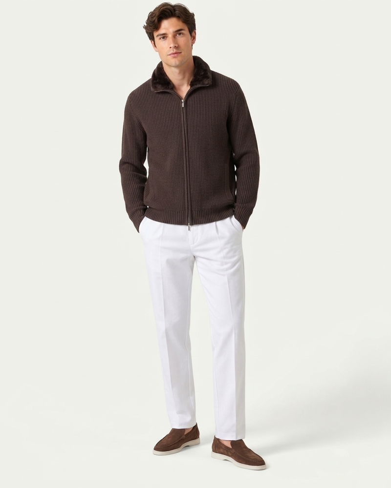 Men's Knitted Zip Through Cardigan Co-ord Set - Cardigan and Trousers - Brown / White