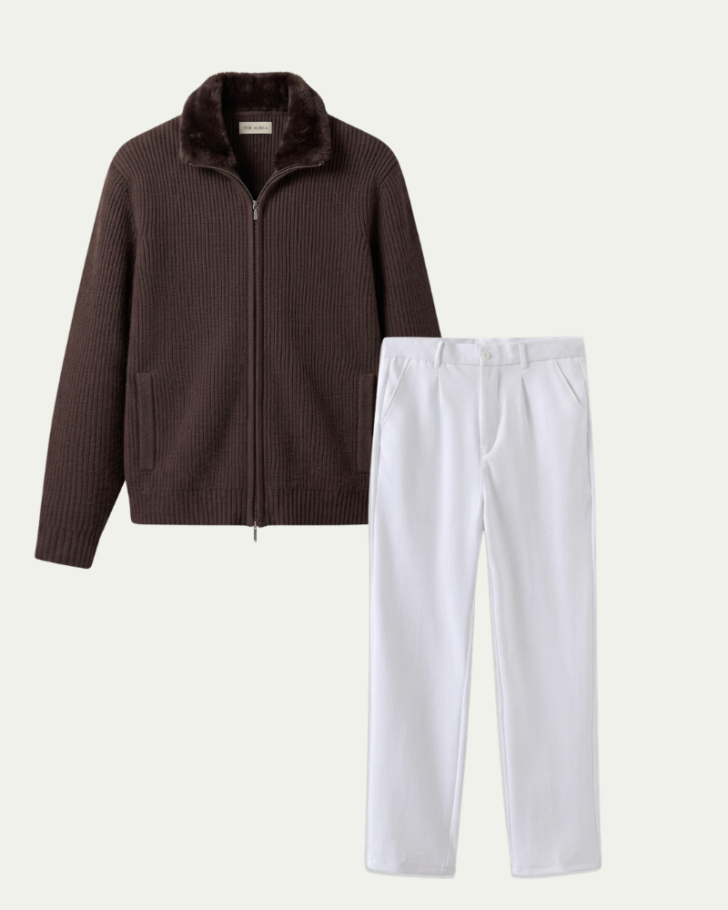 Men's Knitted Zip Through Cardigan Co-ord Set - Cardigan and Trousers - Brown / White