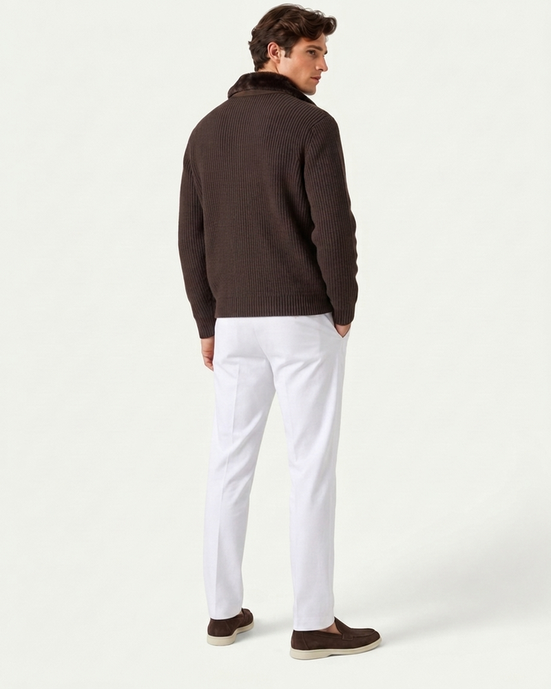 Men's Knitted Zip Through Cardigan Co-ord Set - Cardigan and Trousers - Brown / White